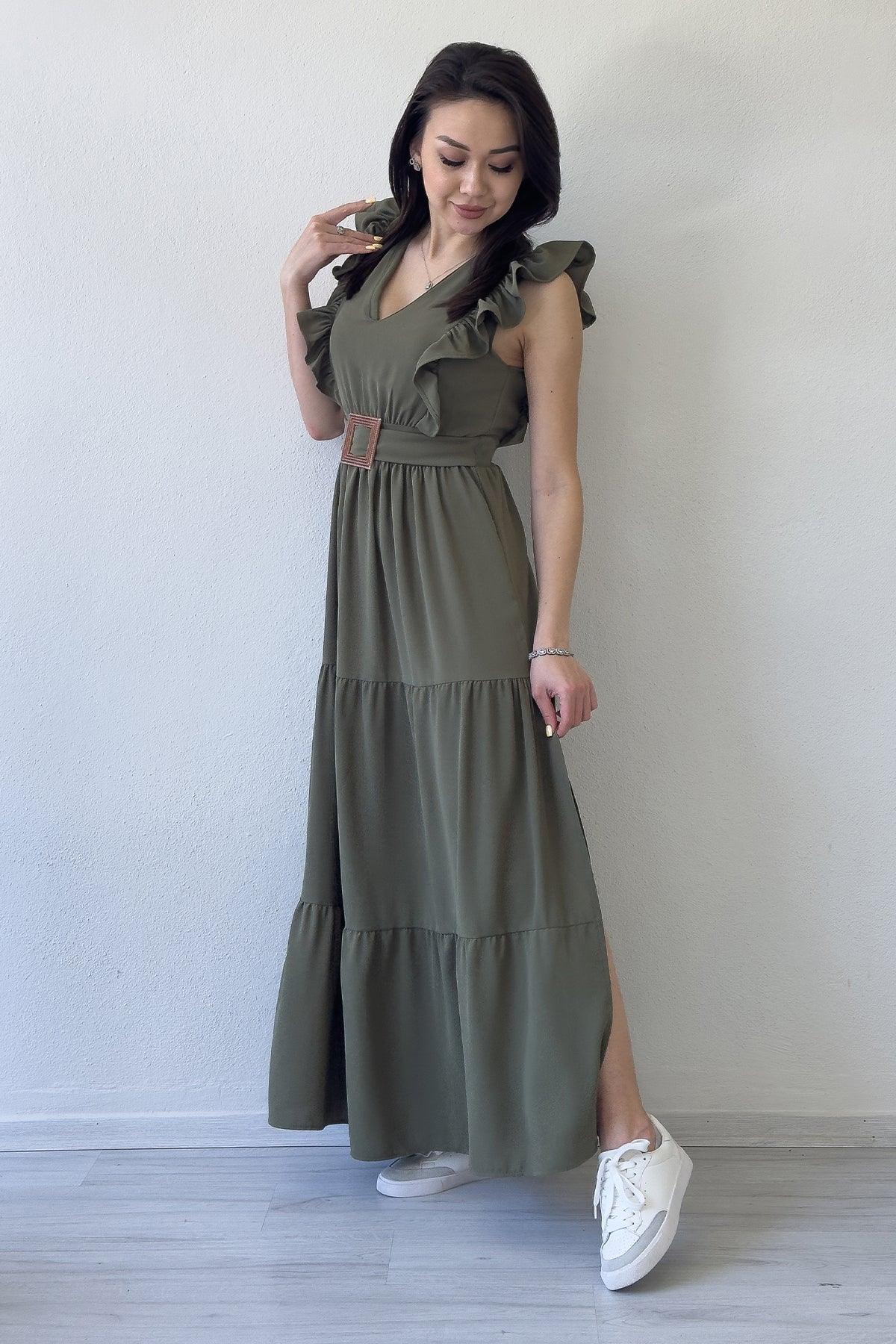 Women's Khaki Ruffle Sleeve Toka Detail Slit Summer Dress