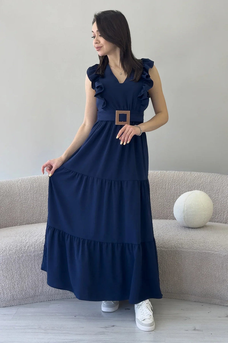 Women's Navy Blue Ruffle Sleeve Toka Detail Slit Summer Dress