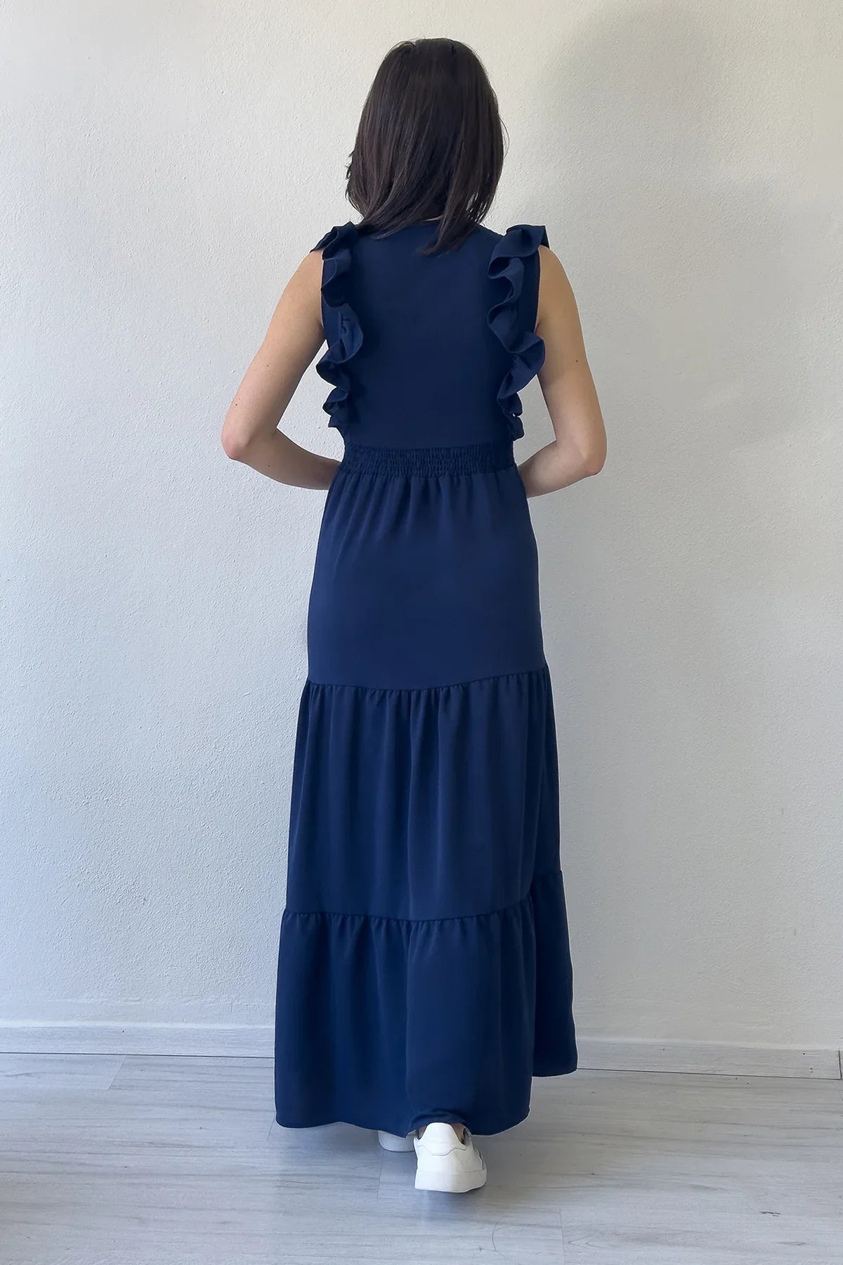 Women's Navy Blue Ruffle Sleeve Toka Detail Slit Summer Dress