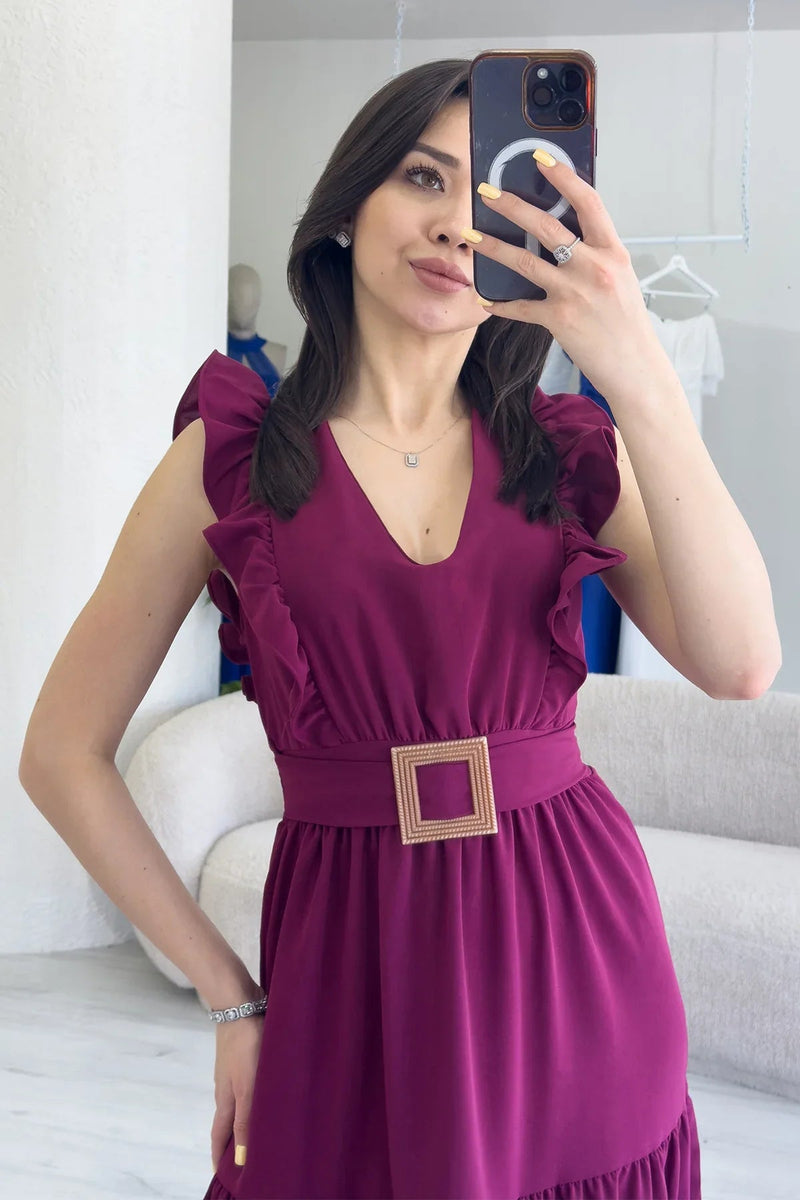 Women's Plum Ruffle Sleeve Toka Detail Slit Summer Dress