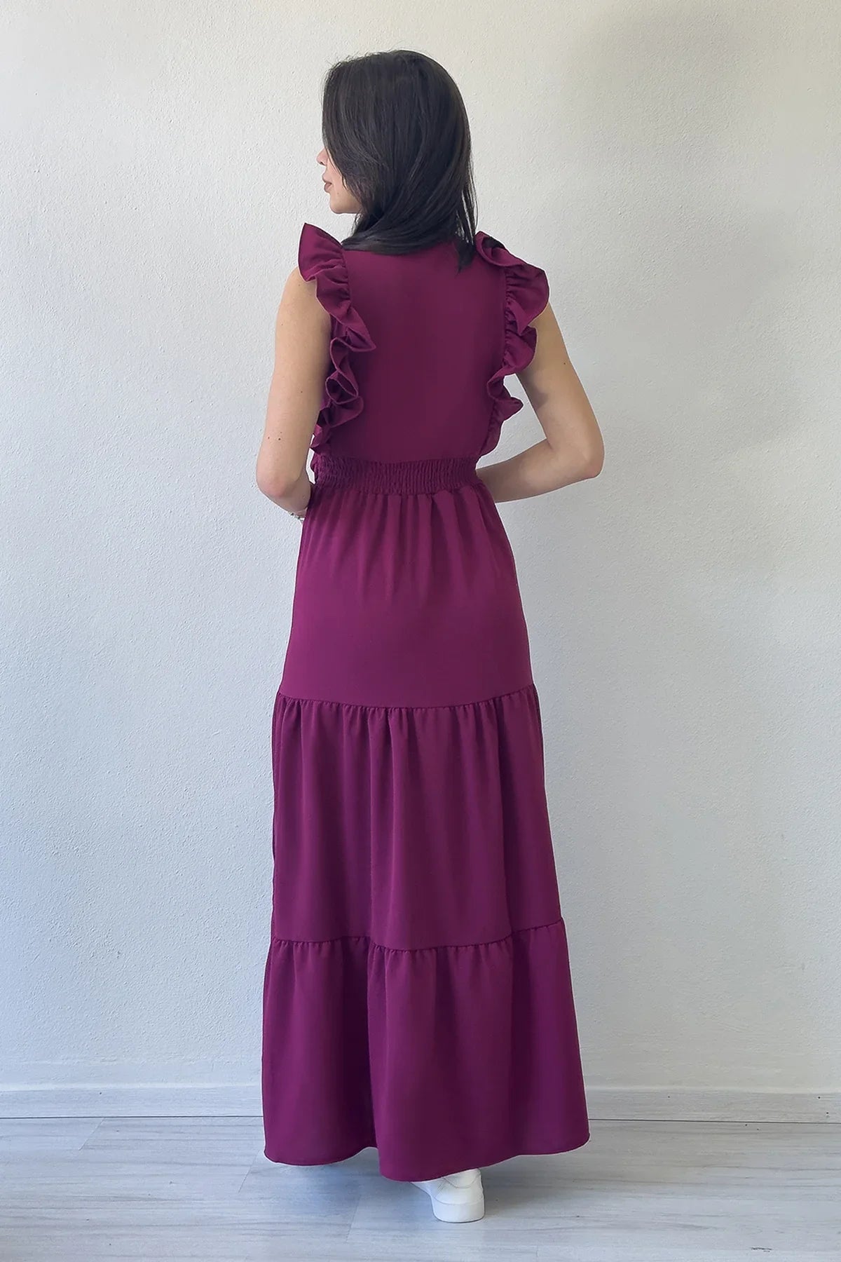 Women's Plum Ruffle Sleeve Toka Detail Slit Summer Dress
