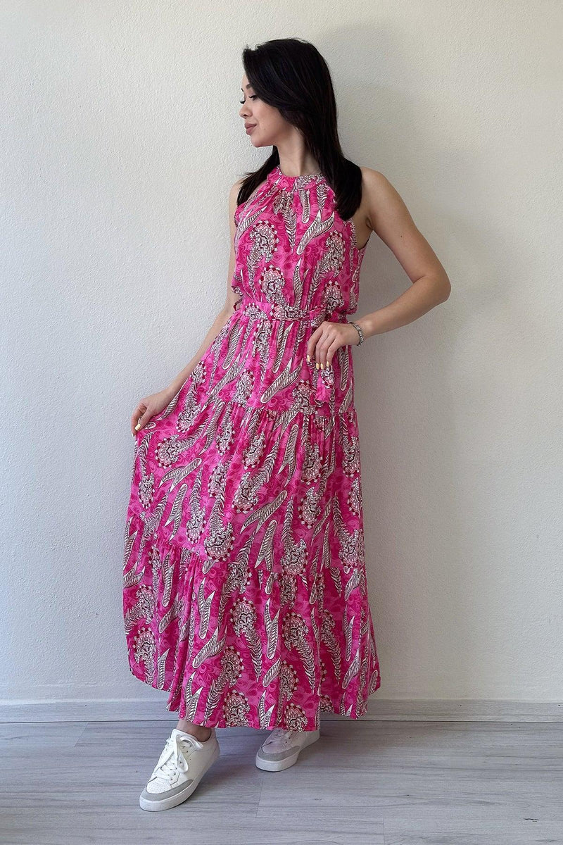 Women's Fuchsia Ethnic Printli Halter Neck Summer Dress