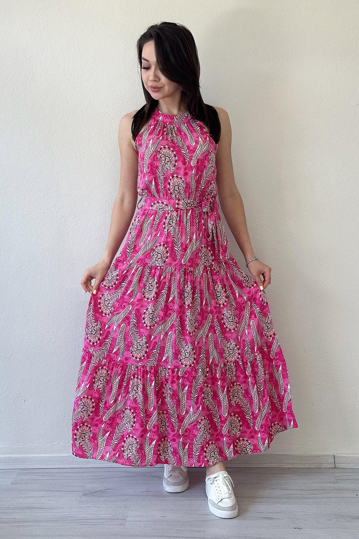 Women's Fuchsia Ethnic Printli Halter Neck Summer Dress