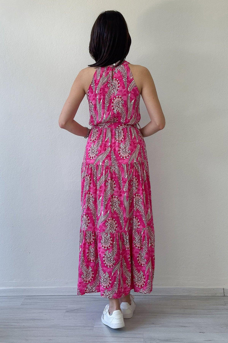 Women's Fuchsia Ethnic Printli Halter Neck Summer Dress