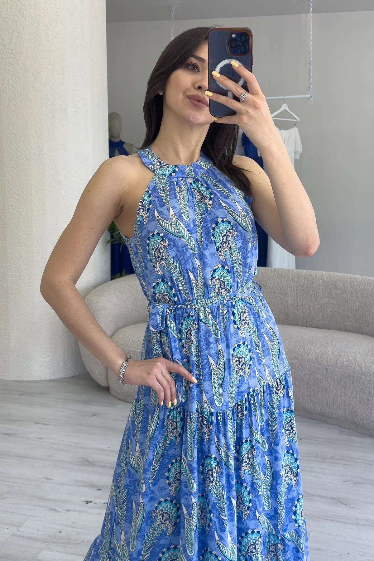 Women's Blue Ethnic Printli Halter Neck Summer Dress