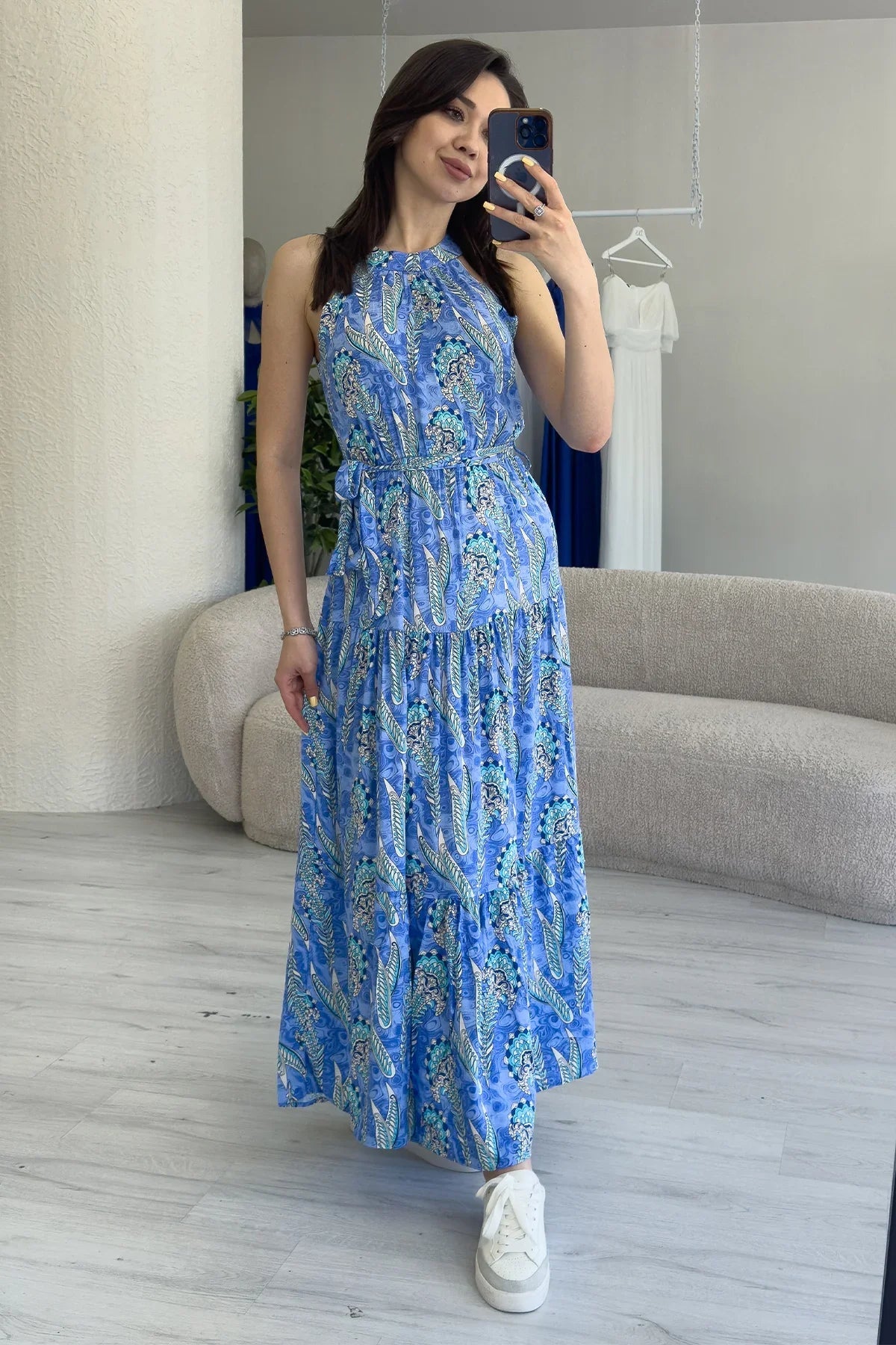 Women's Blue Ethnic Printli Halter Neck Summer Dress