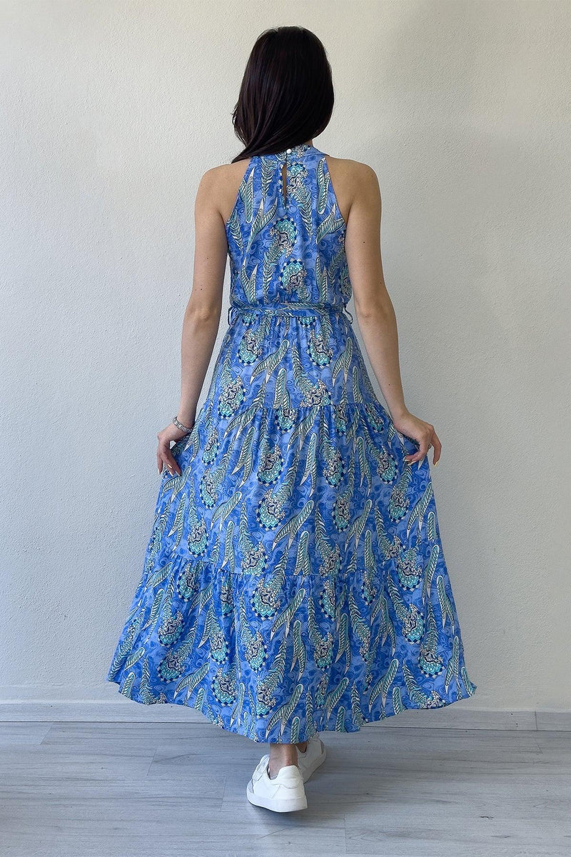 Women's Blue Ethnic Printli Halter Neck Summer Dress