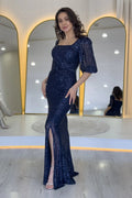 Navy Blue Sequined Maxi Evening Dress