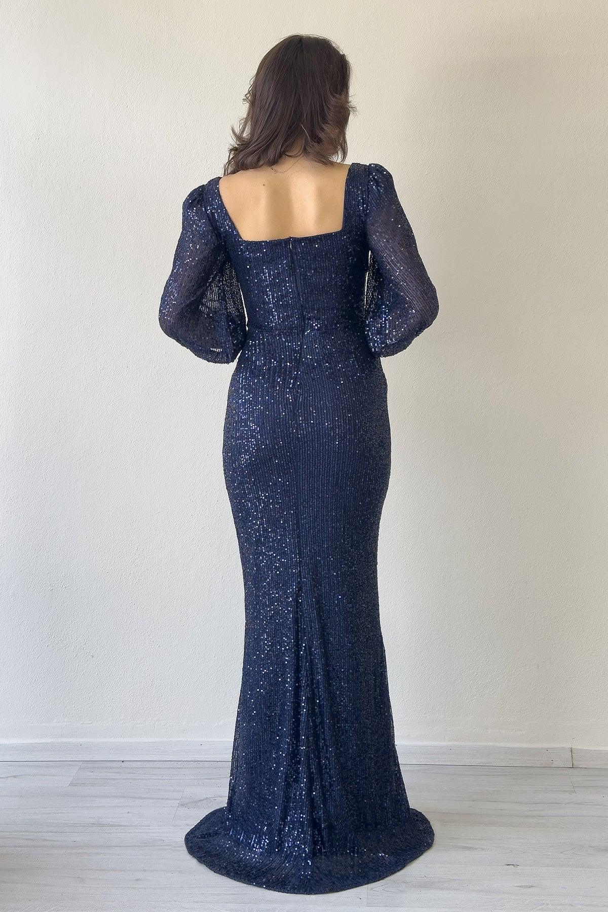 Women's Navy Blue Sequin Ön Gathered Balloon Sleeve Slit Evening Gown