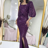Purple Sequined Maxi Evening Dress