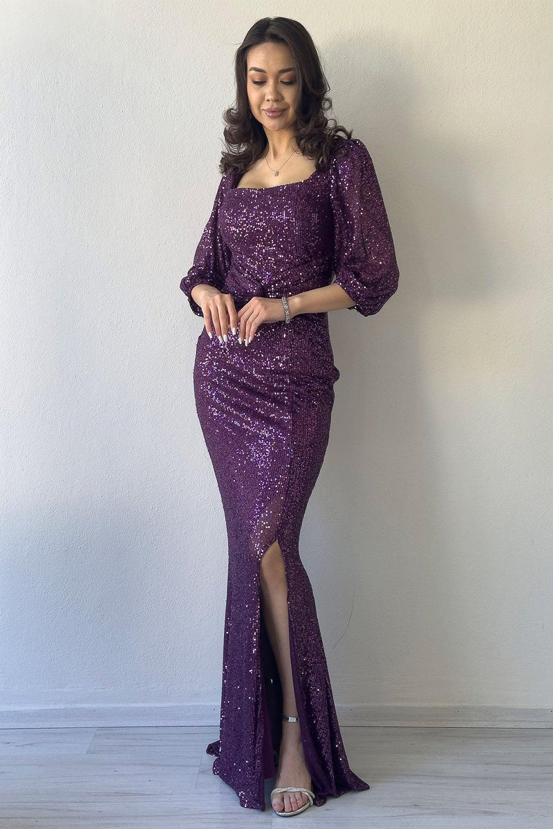 Women's Plum Sequin Ön Gathered Balloon Sleeve Slit Plus Size Evening Gown