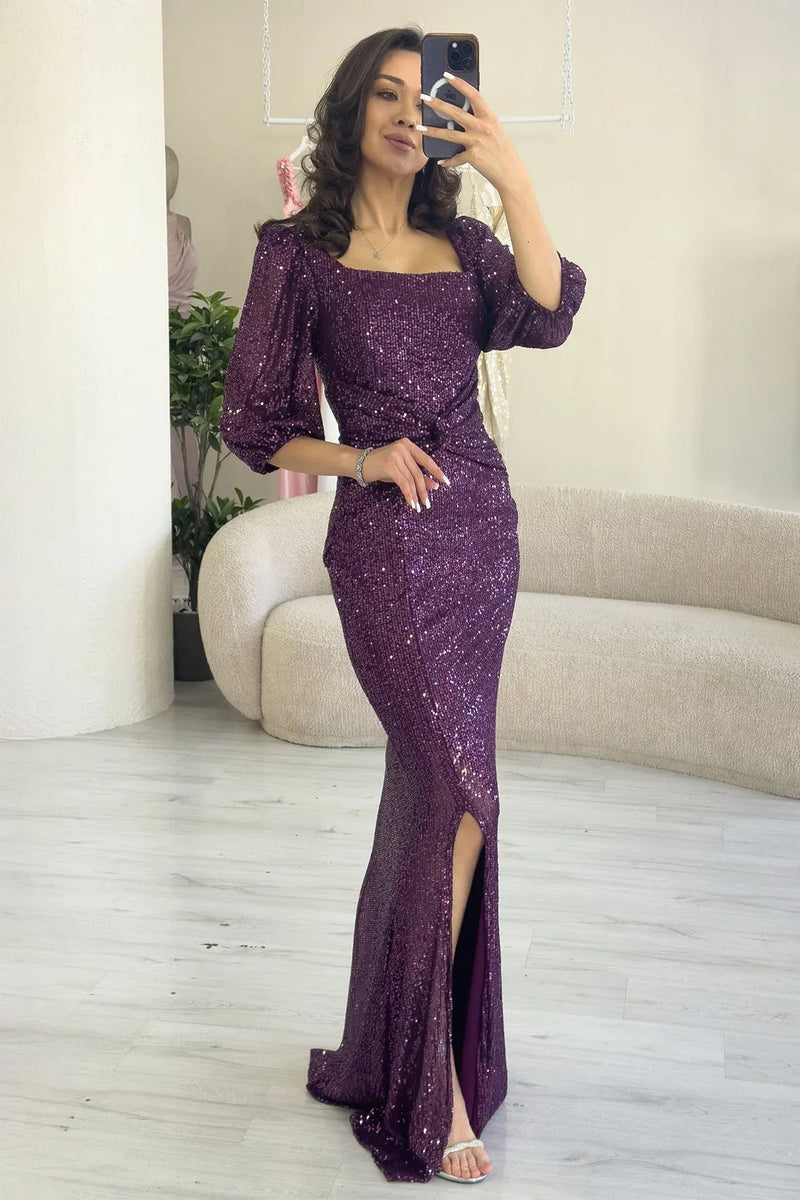 Women's Plum Sequin Ön Gathered Balloon Sleeve Slit Plus Size Evening Gown
