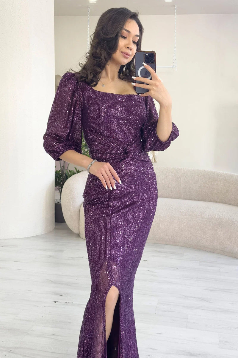 Women's Plum Sequin Ön Gathered Balloon Sleeve Slit Plus Size Evening Gown