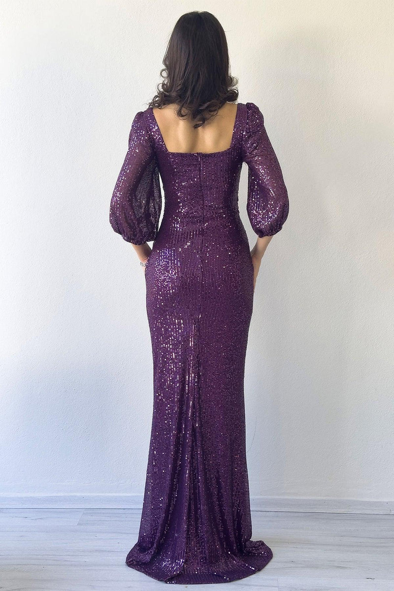 Women's Plum Sequin Ön Gathered Balloon Sleeve Slit Plus Size Evening Gown