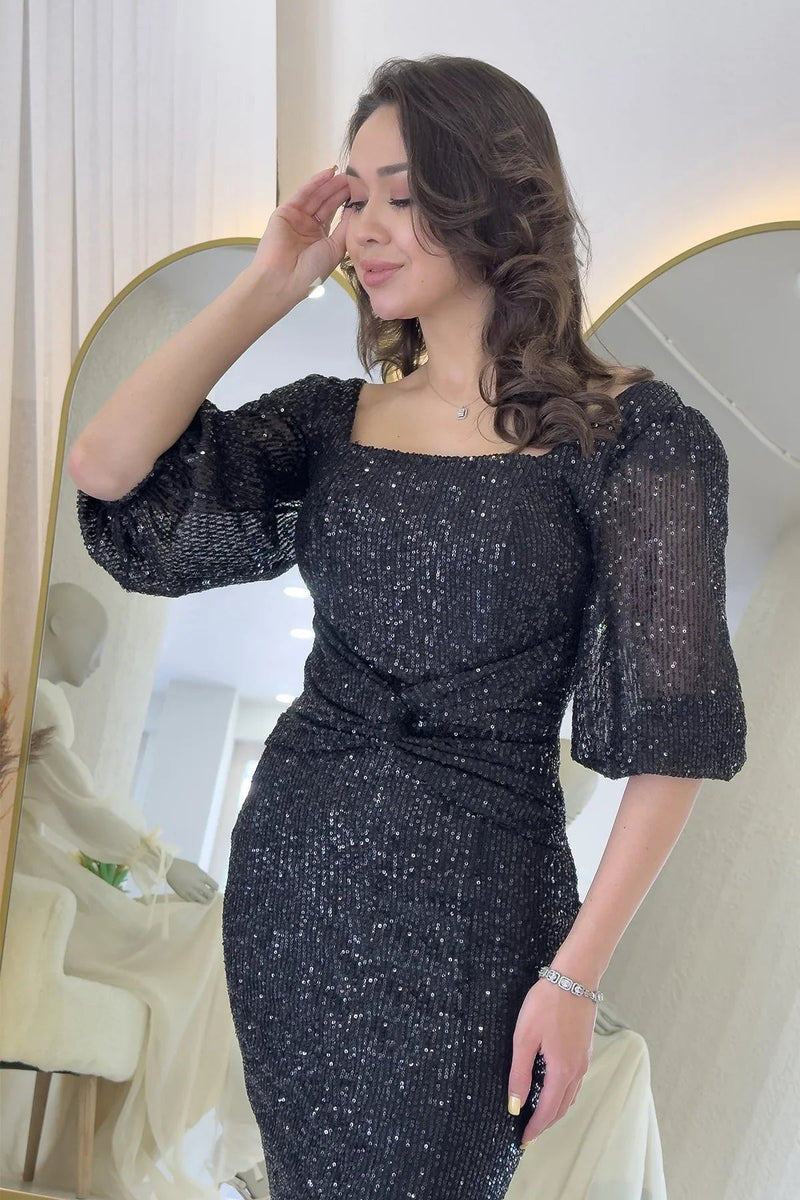 Women's Black Sequin Ön Gathered Balloon Sleeve Slit Plus Size Evening Gown