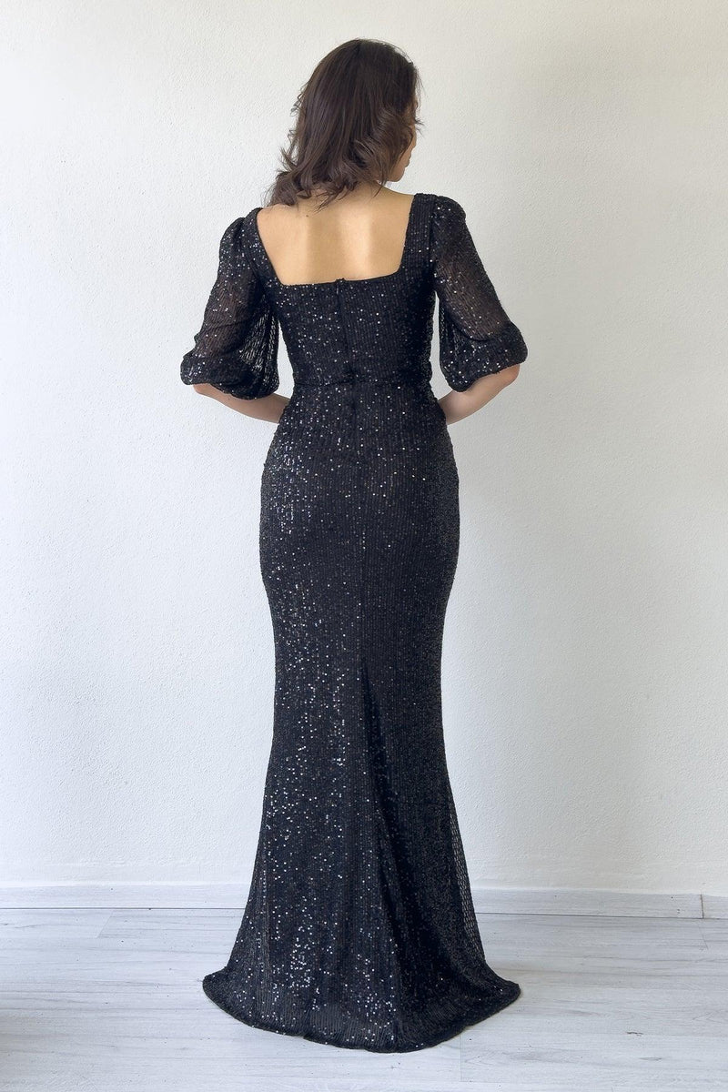 Women's Black Sequin Ön Gathered Balloon Sleeve Slit Plus Size Evening Gown