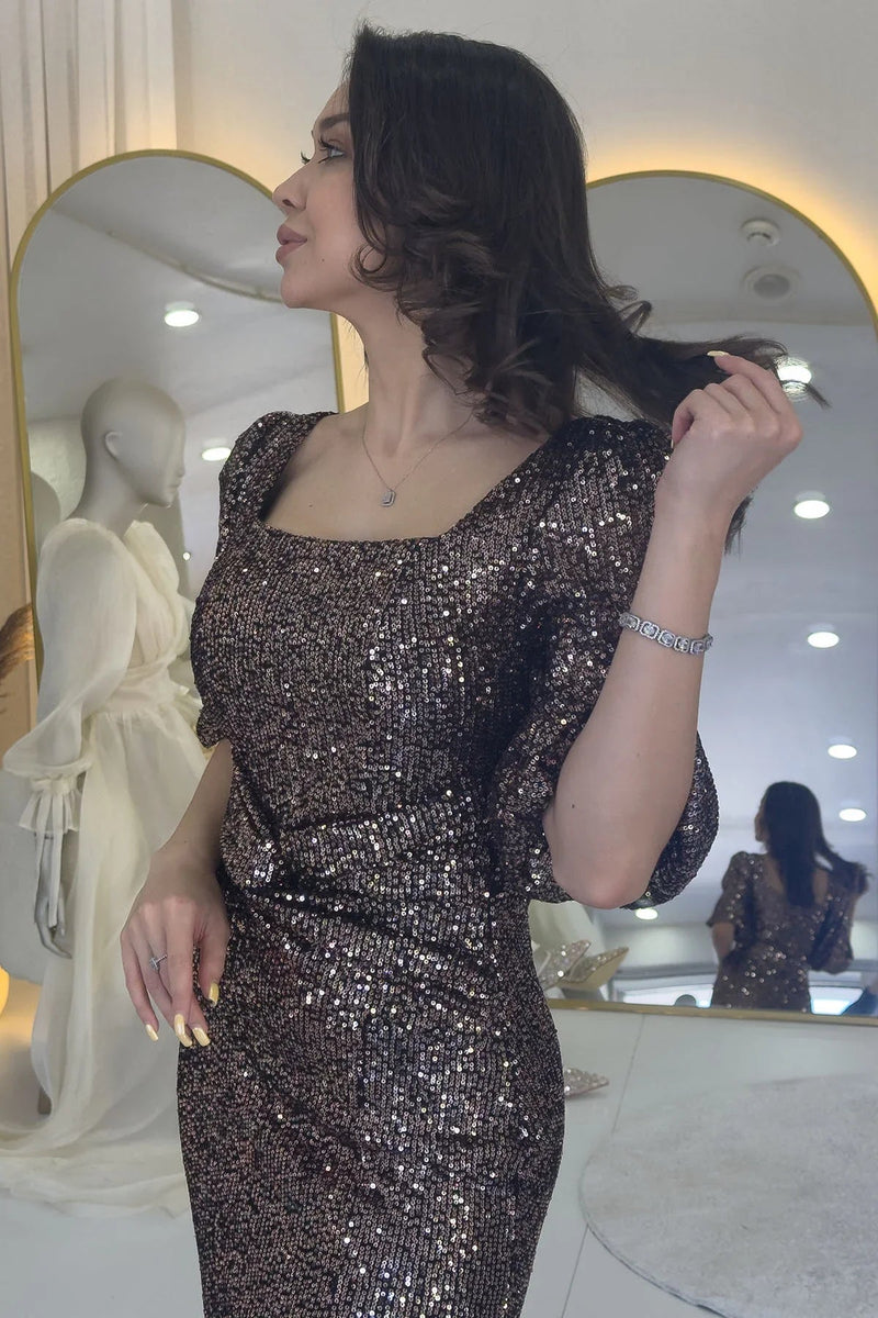 Women's Mink Sequin Ön Gathered Balloon Sleeve Slit Plus Size Evening Gown