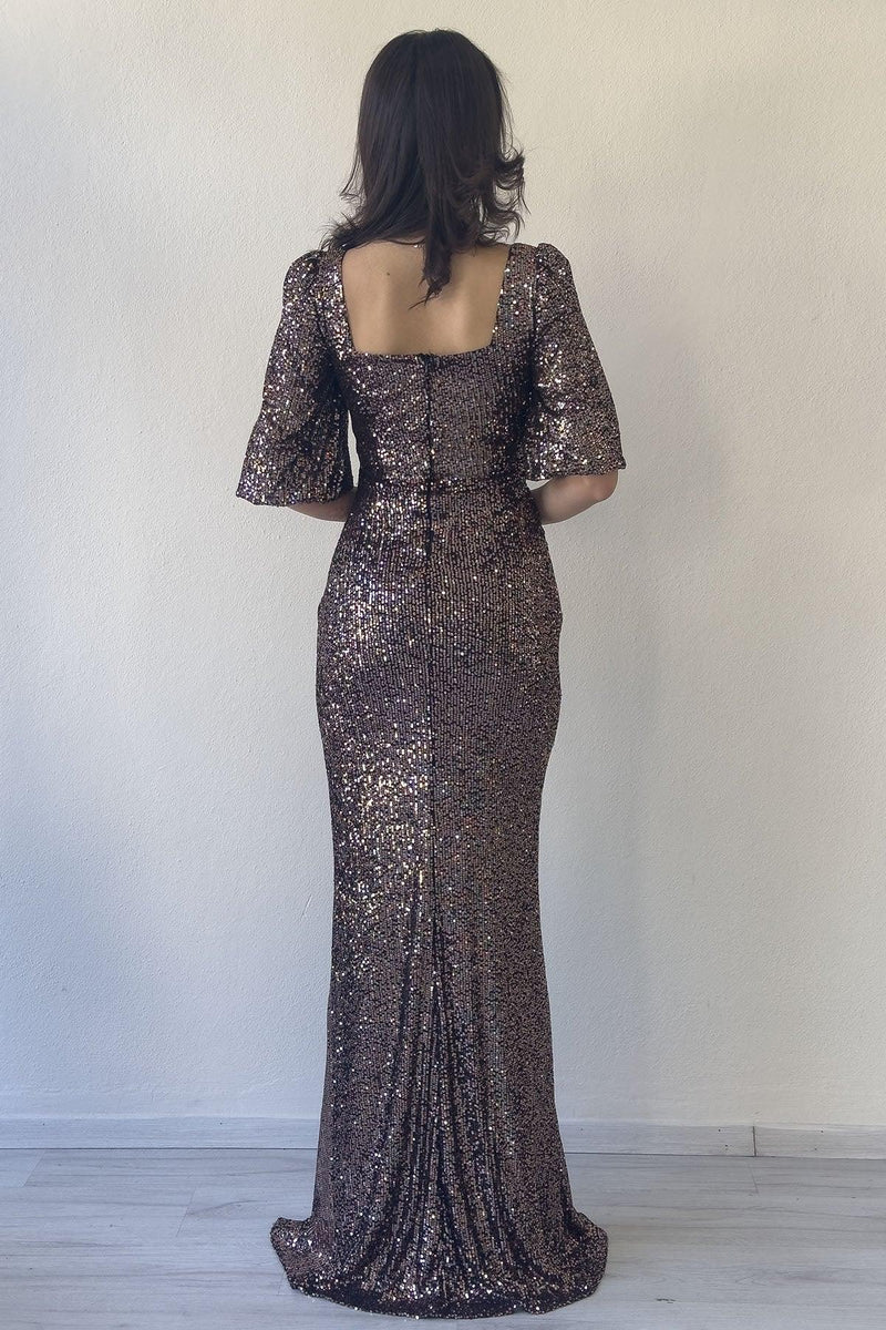 Women's Mink Sequin Ön Gathered Balloon Sleeve Slit Plus Size Evening Gown