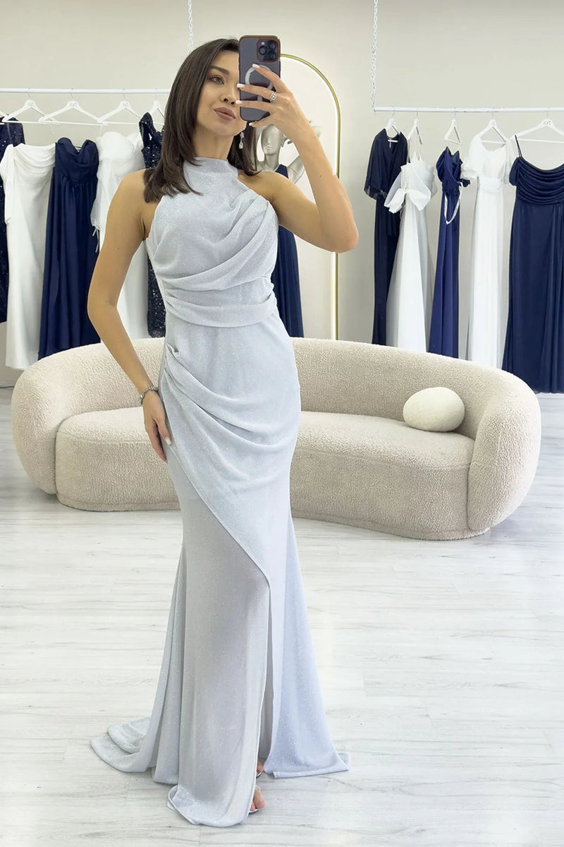 Gray Glitter Fabric Maxi Evening Dress