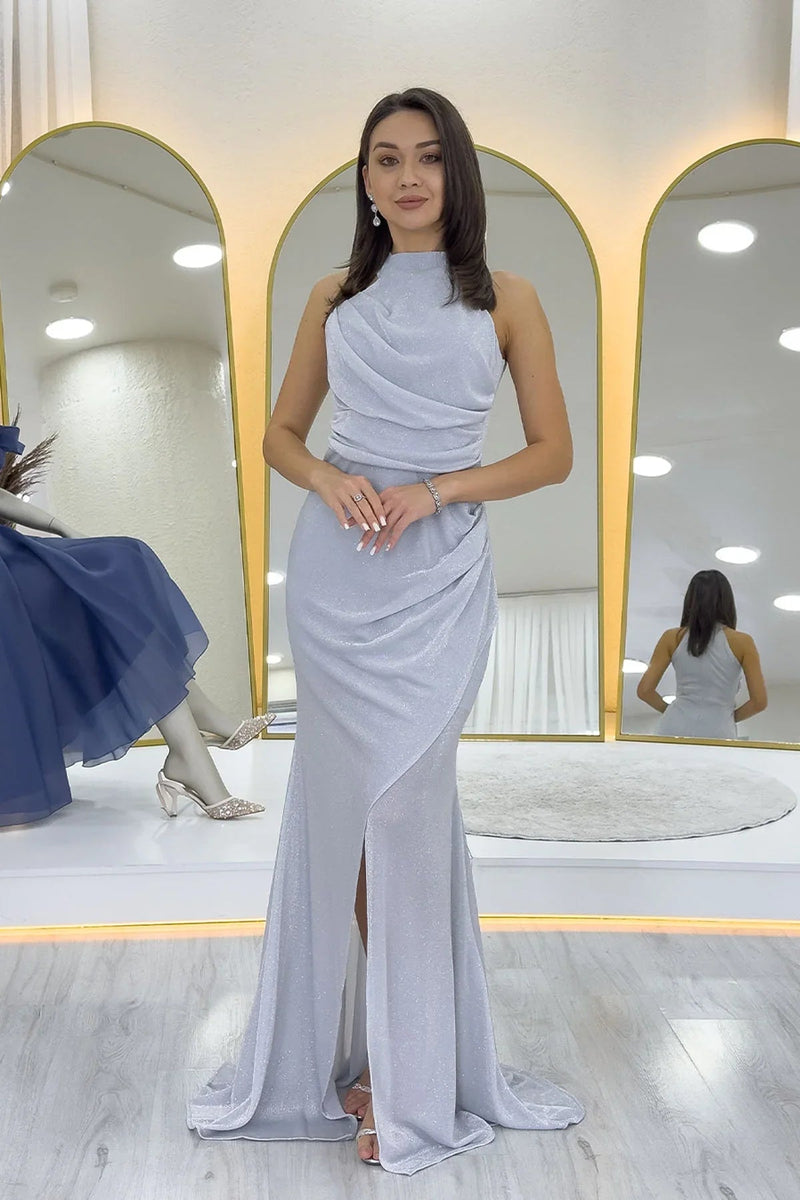 Gray Glitter Fabric Maxi Evening Dress