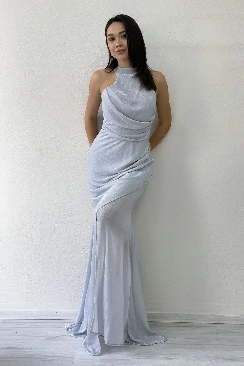 Gray Glitter Fabric Maxi Evening Dress