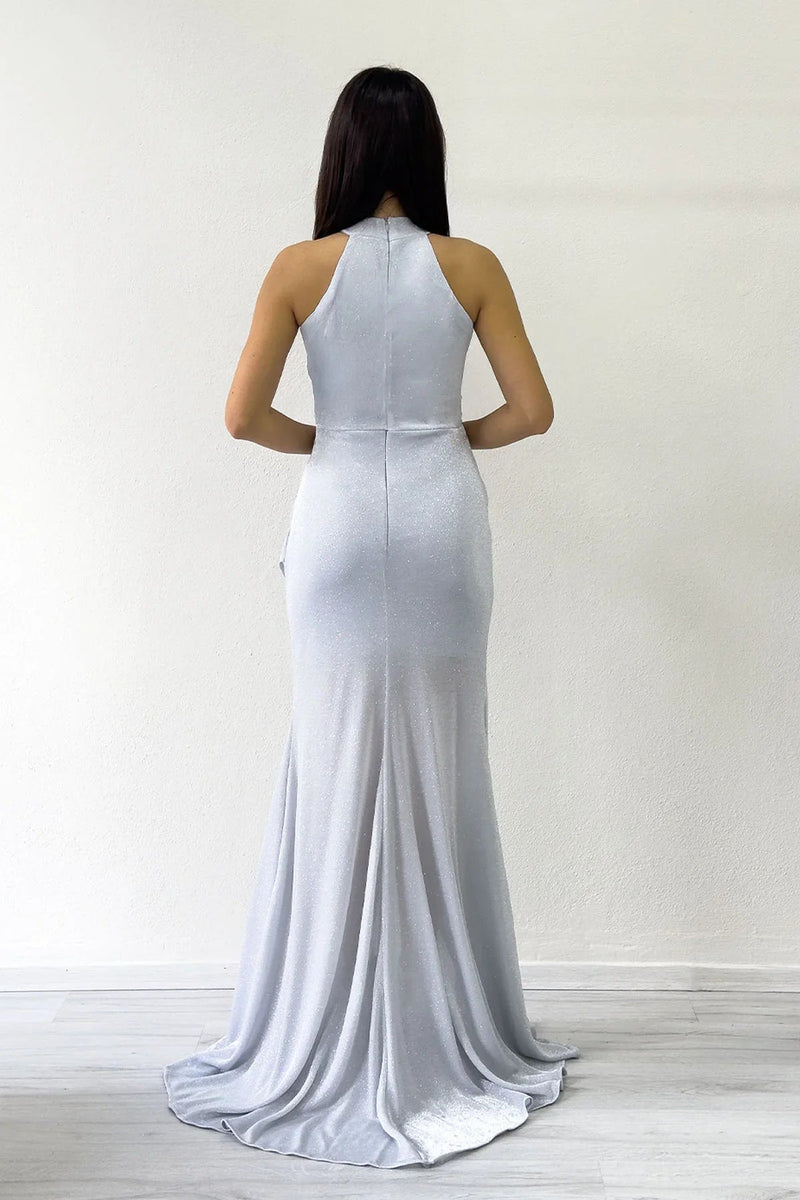 Gray Glitter Fabric Maxi Evening Dress