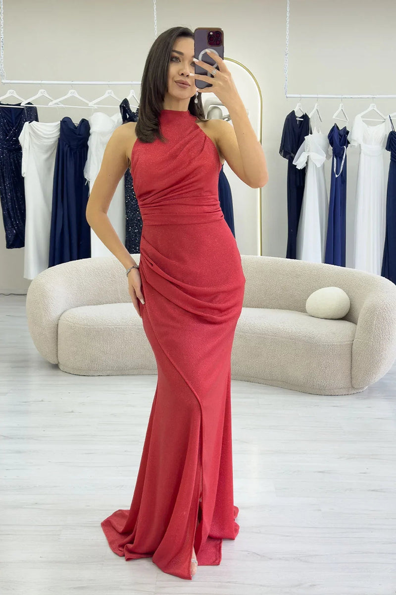 Women's Red Halter Neck Glitter Draped Slit Evening Gown