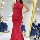Red Glitter Fabric Maxi Evening Dress