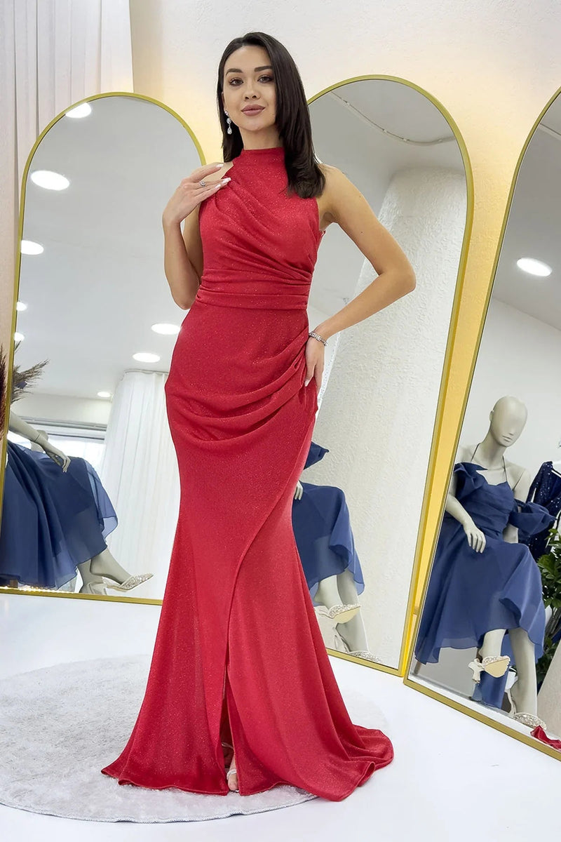 Women's Red Halter Neck Glitter Draped Slit Evening Gown