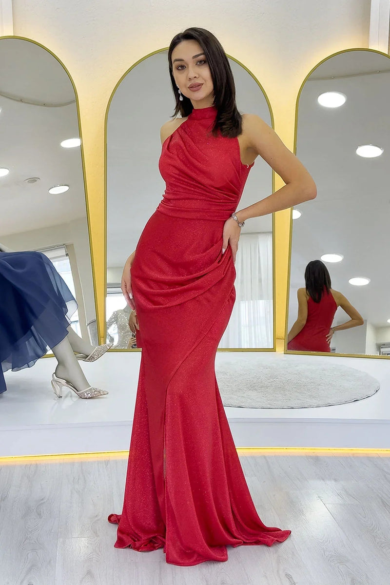 Women's Red Halter Neck Glitter Draped Slit Evening Gown