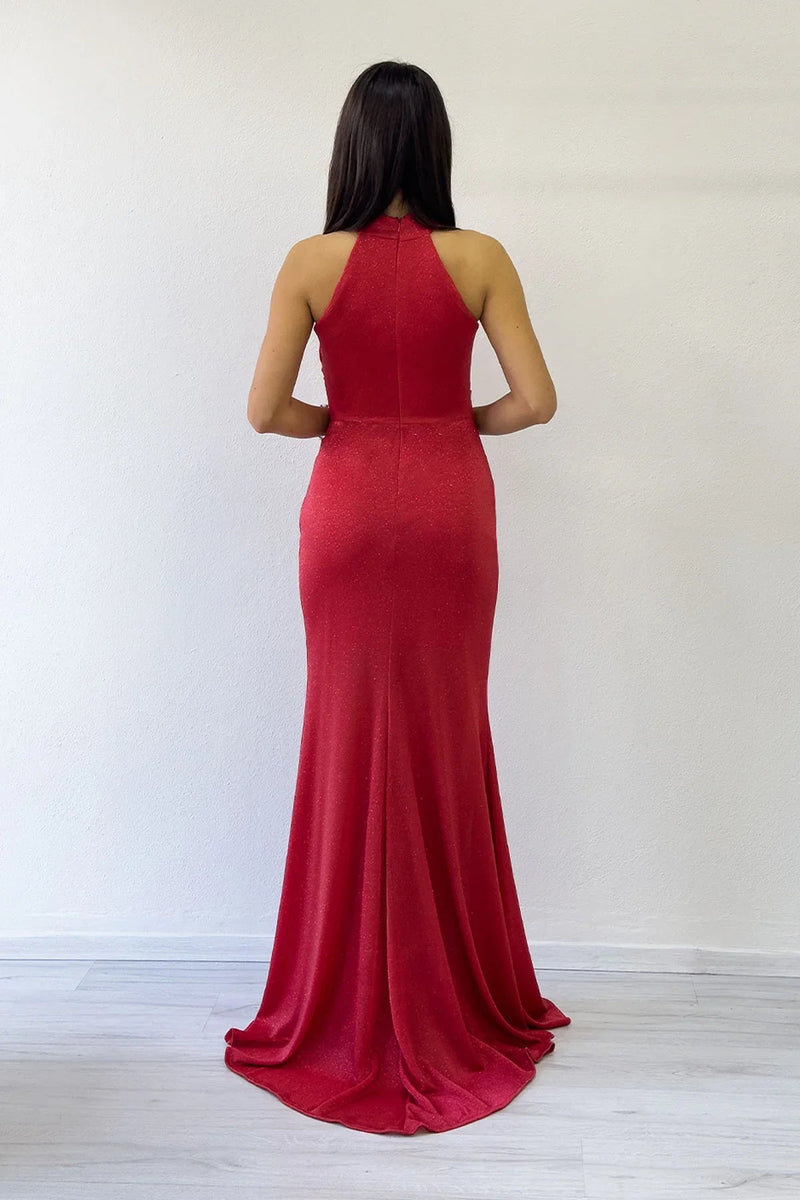 Women's Red Halter Neck Glitter Draped Slit Evening Gown
