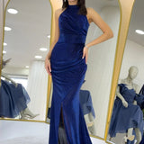 Navy Blue Glitter Fabric Maxi Evening Dress