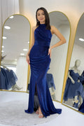 Navy Blue Glitter Fabric Maxi Evening Dress