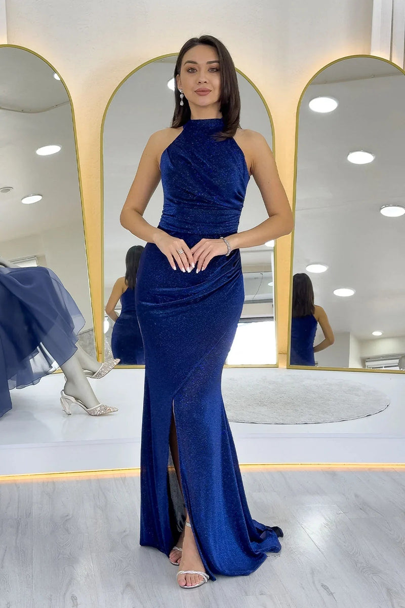 Women's Navy Blue Halter Neck Glitter Draped Slit Evening Gown