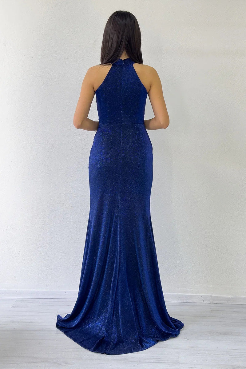 Women's Navy Blue Halter Neck Glitter Draped Slit Evening Gown