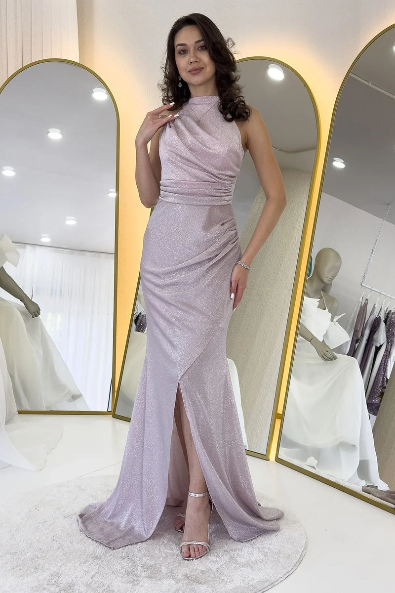 Women's Powder Pink Halter Neck Glitter Draped Slit Evening Gown