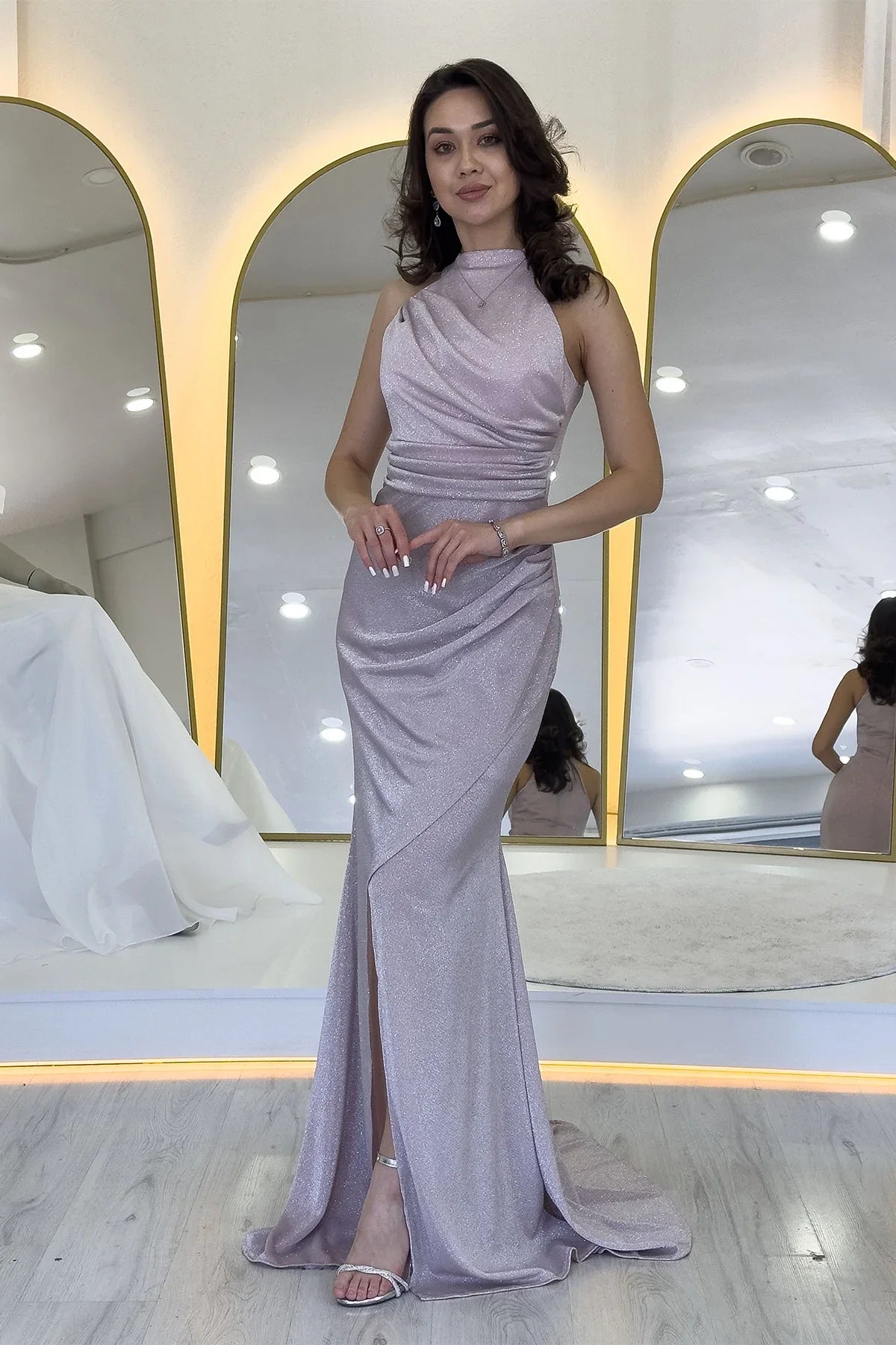 Women's Powder Pink Halter Neck Glitter Draped Slit Evening Gown