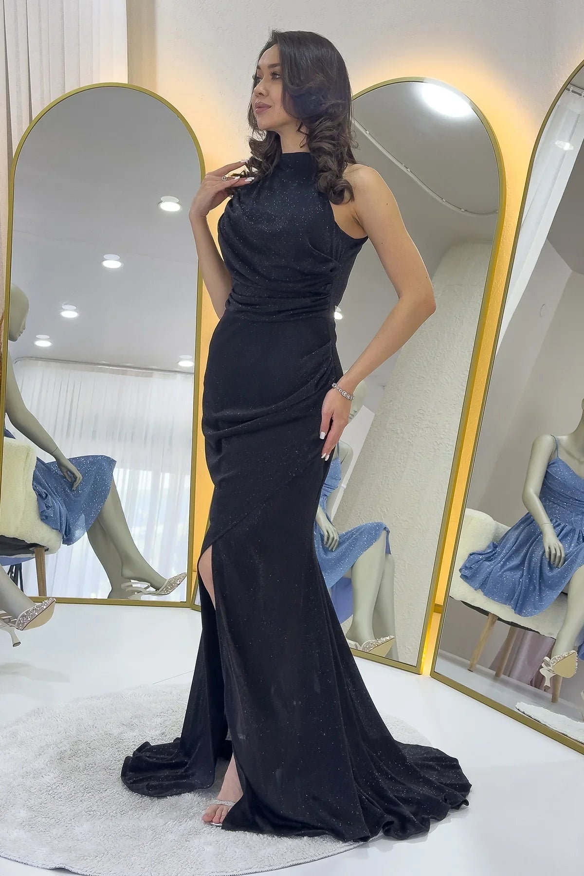 Women's Black Halter Neck Glitter Draped Slit Evening Gown