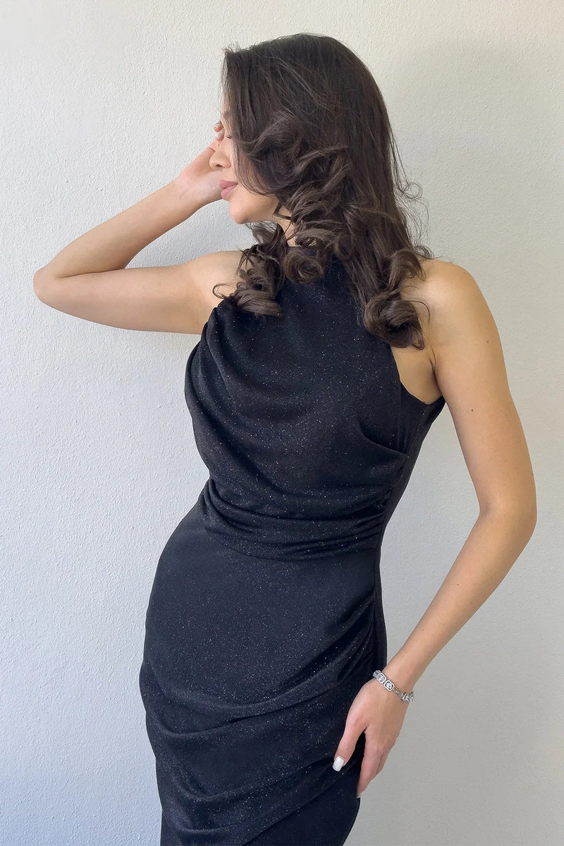 Women's Black Halter Neck Glitter Draped Slit Evening Gown
