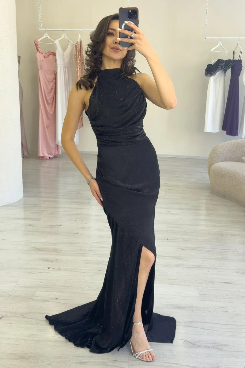 Women's Black Halter Neck Glitter Draped Slit Evening Gown
