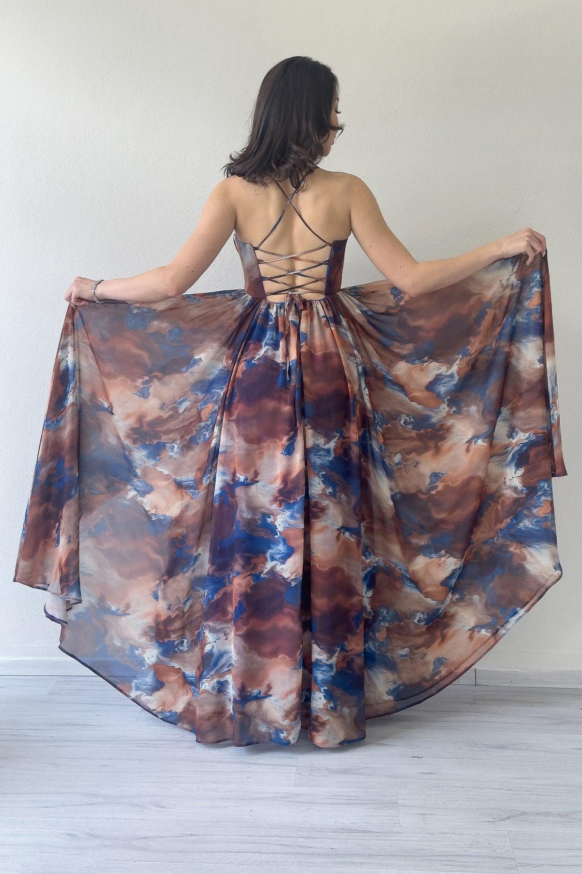 Women's Brown Tie-Dyeli Strapless Strap Open Back Slit Evening Gown