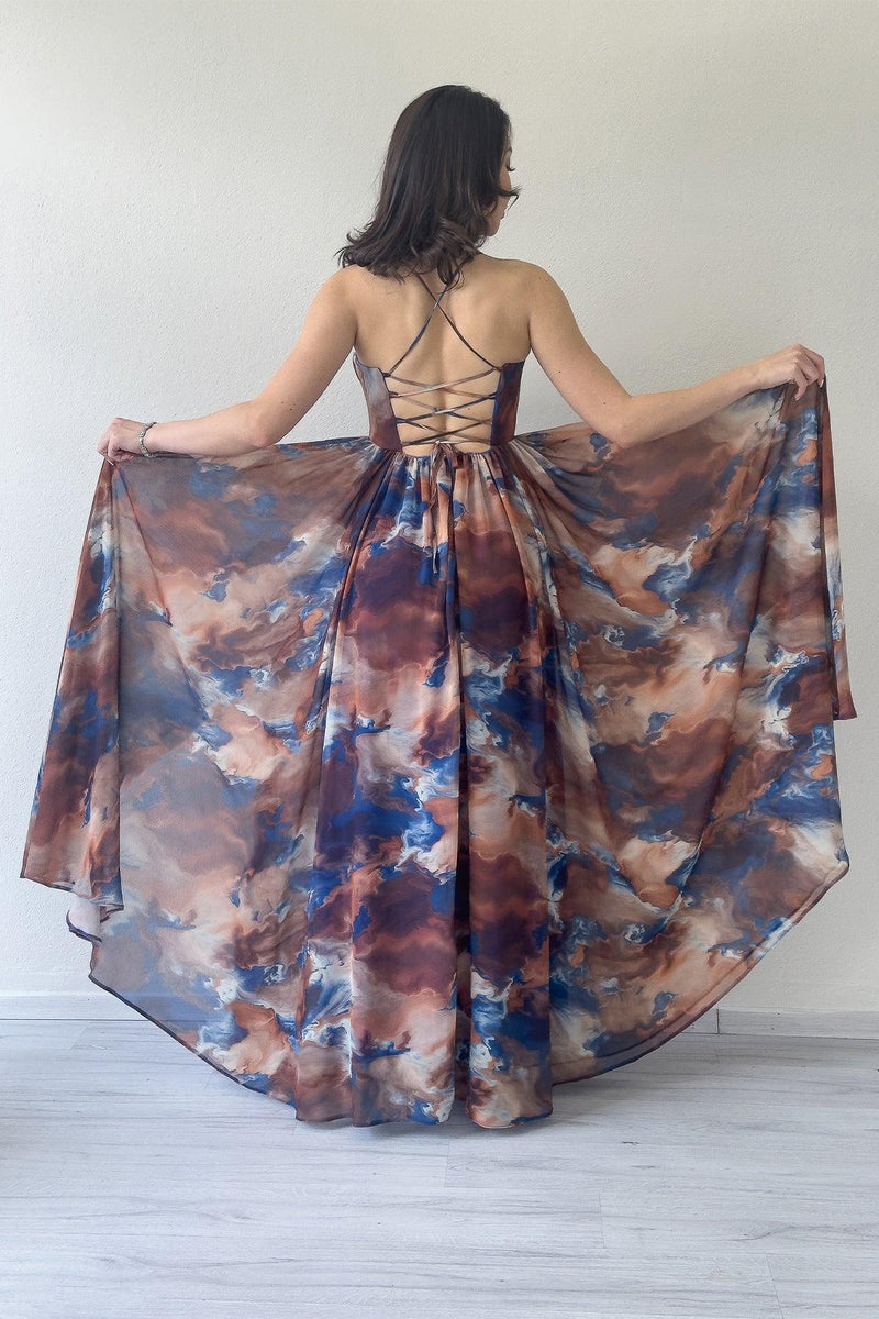 Women's Brown Tie-Dyeli Strapless Strap Open Back Slit Evening Gown