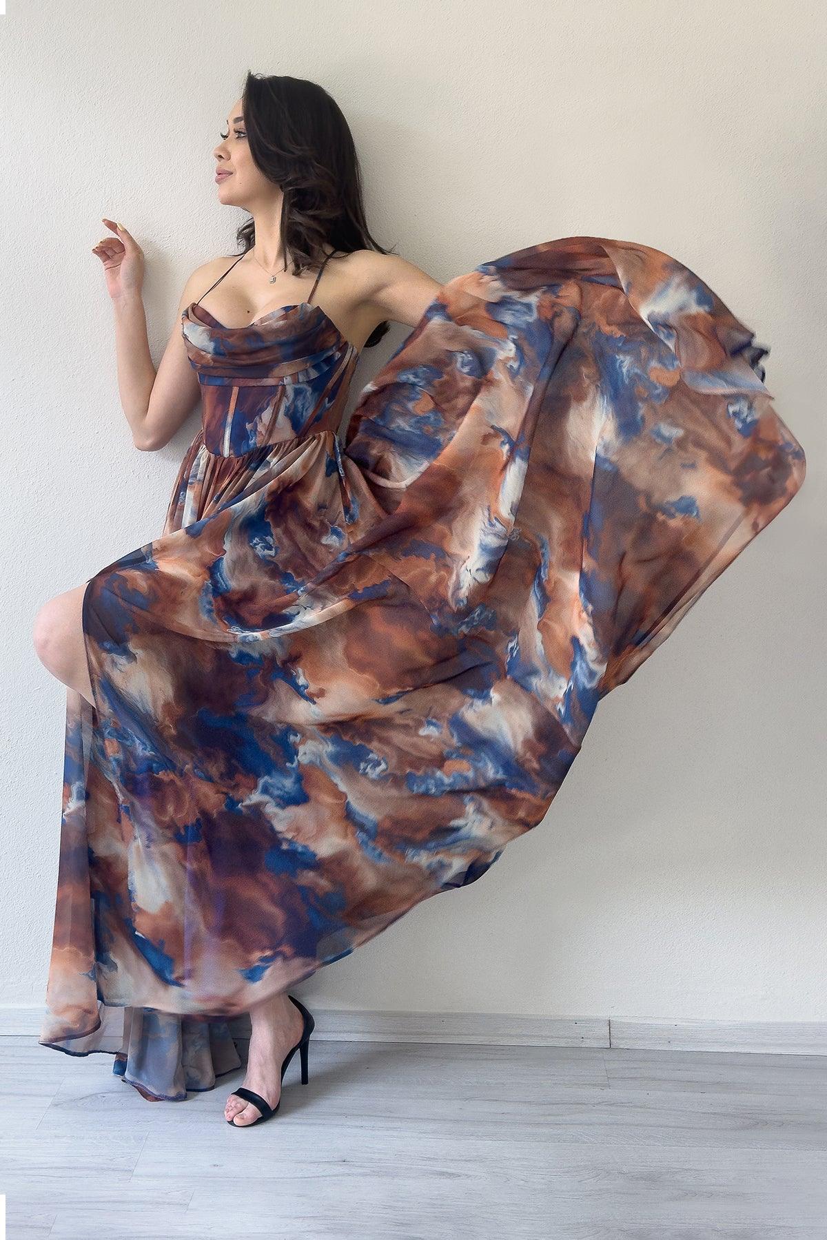 Women's Brown Tie-Dyeli Strapless Strap Open Back Slit Evening Gown