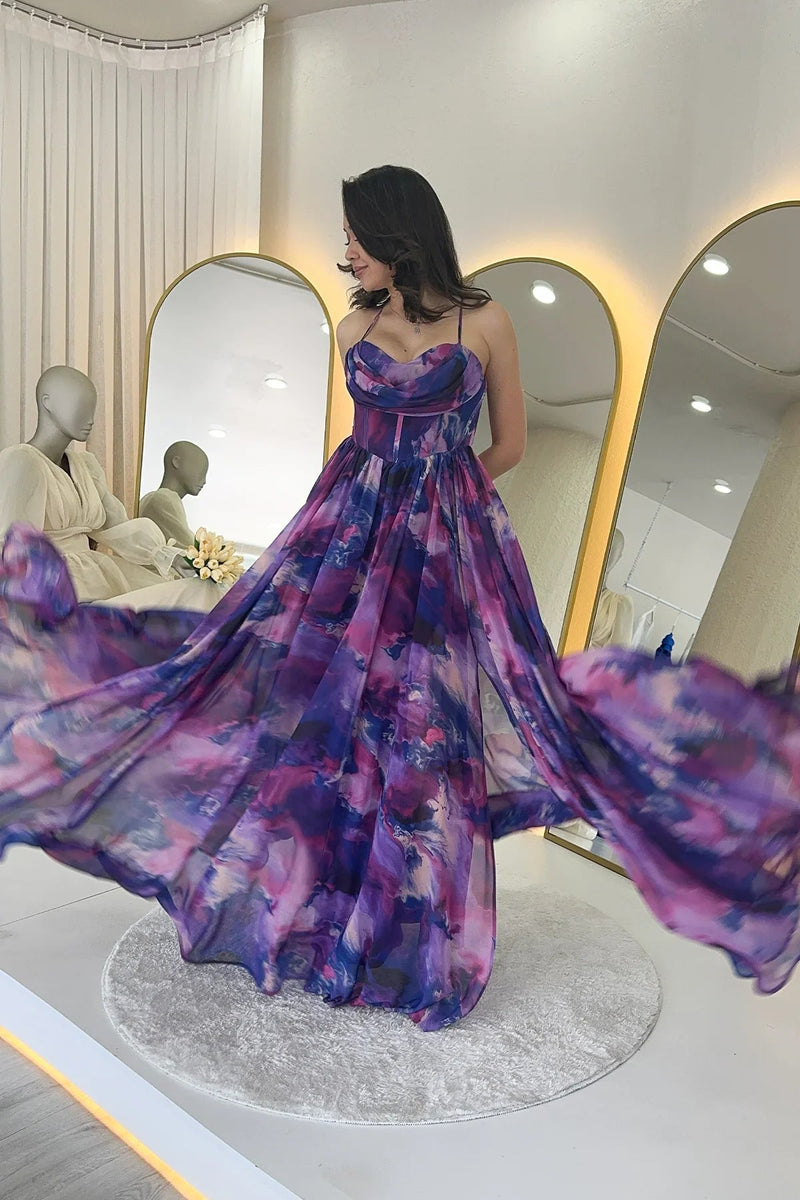 Women's Purple Tie-Dyeli Strapless Strap Open Back Slit Evening Gown