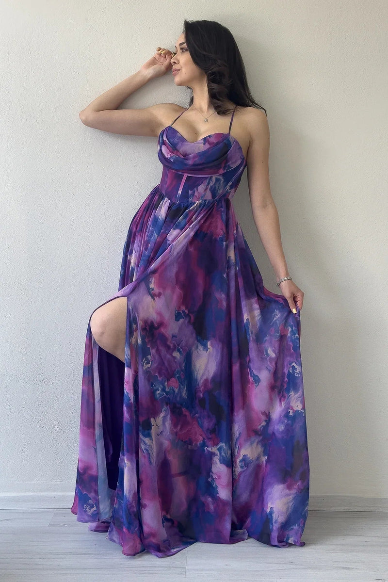 Women's Purple Tie-Dyeli Strapless Strap Open Back Slit Evening Gown