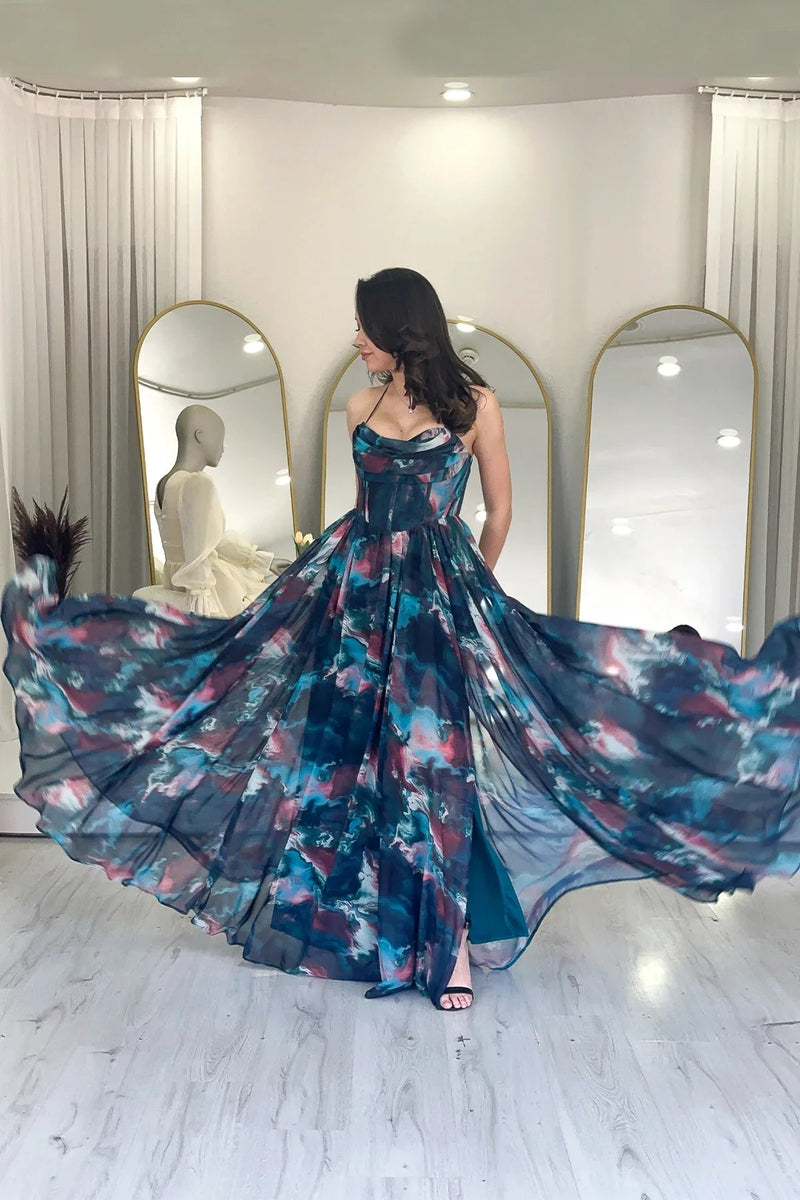 Women's Petrol Green Tie-Dyeli Strapless Strap Open Back Slit Evening Gown