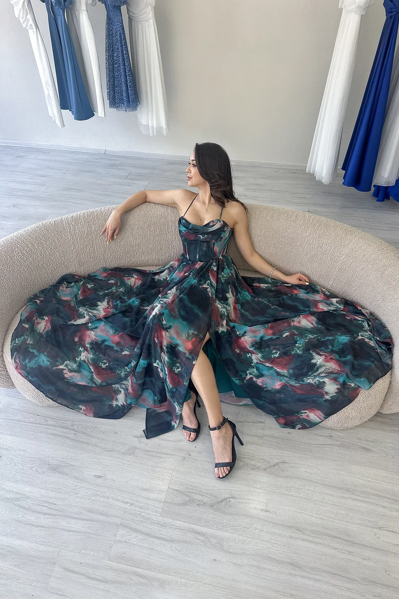 Women's Petrol Green Tie-Dyeli Strapless Strap Open Back Slit Evening Gown