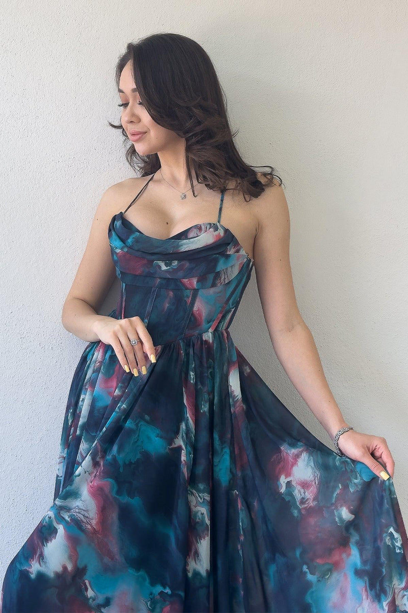 Women's Petrol Green Tie-Dyeli Strapless Strap Open Back Slit Evening Gown