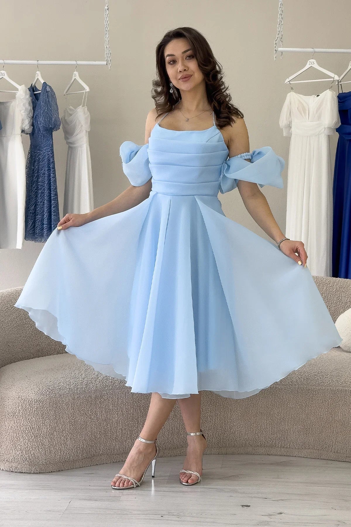 Women's Baby Bluesi Draped Halter Tie Bow Sleeve Detail Short Evening Gown