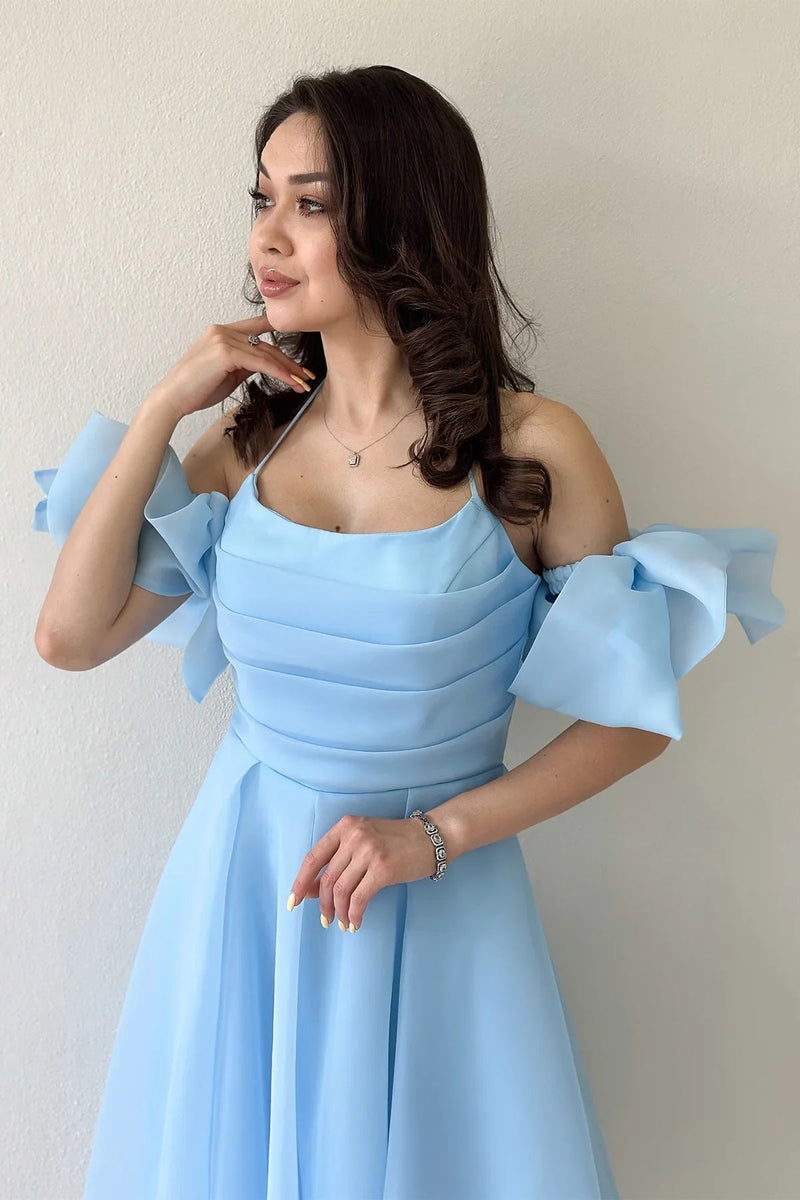 Women's Baby Bluesi Draped Halter Tie Bow Sleeve Detail Short Evening Gown